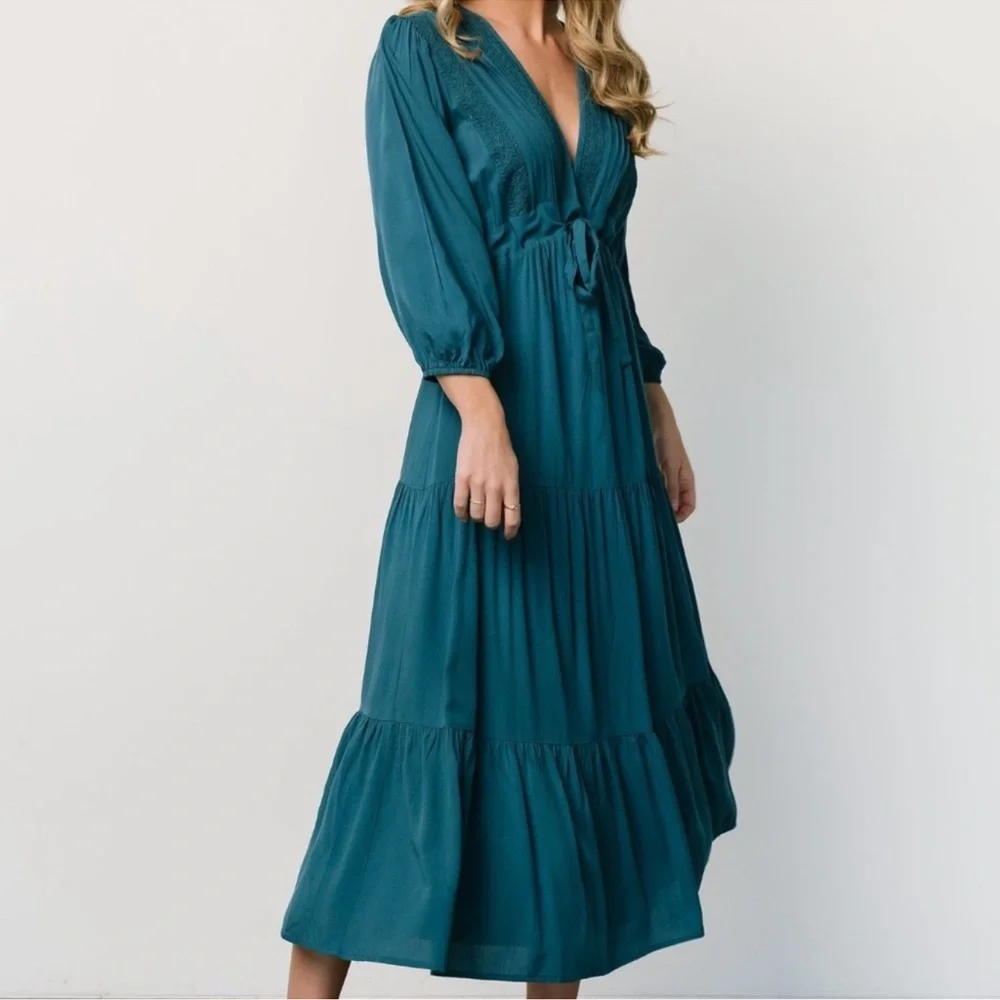 NEW Baltic Born Phillips Maxi Dress Persian Blue Medium Lined Tiered 3/4 Sleeves - Picture 1 of 16